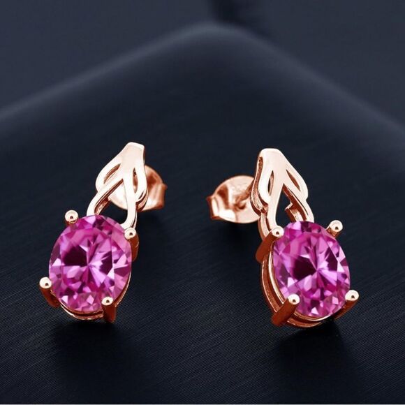 18K Rose Gold 925 with 4.80 Cttw Pink Sapphire Oval Post Back Drop Earrings - Picture 2 of 4